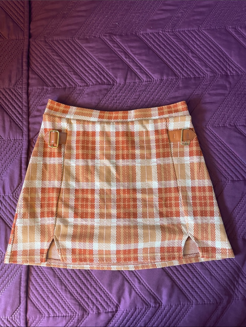 Nicole Miller Orange and Cream Plaid Mini Skirt with Buckle Detail